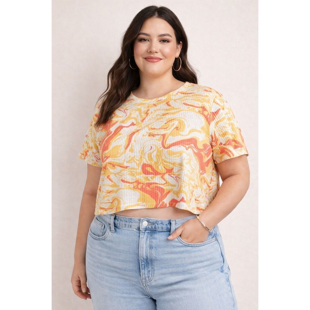 NWT Wild Fable XXL Cropped Tee Ribbed Marble Swirl Yellow Orange Top Cute